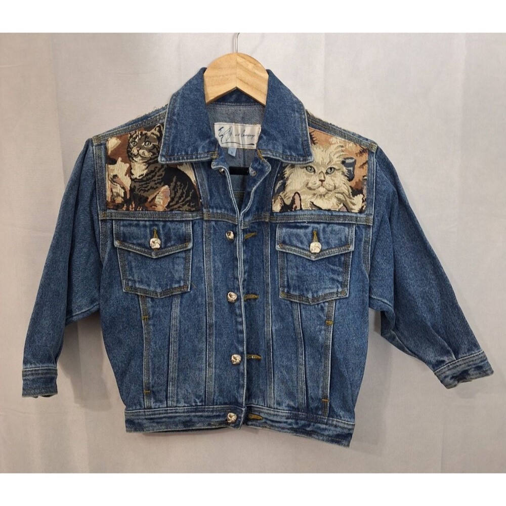 Vintage 80's Denim Jacket Girls Size M Cat Print Tapestry Blue Jean Trucker READ